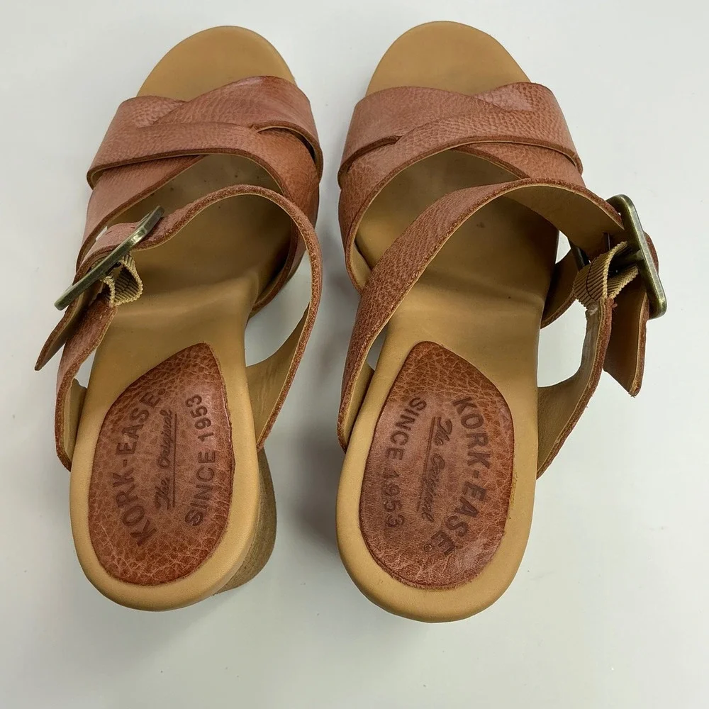 Kork-Ease Brown Leather Platform Sandal Women Size 9M Block Heel Slide K70428